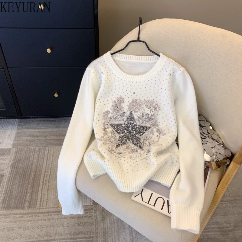 

White Star Hot Diamonds Embroidered Knitted Sweater Women 2026 Spring Autumn Style Round Neck Long Sleeve Pullover Knitwear Tops