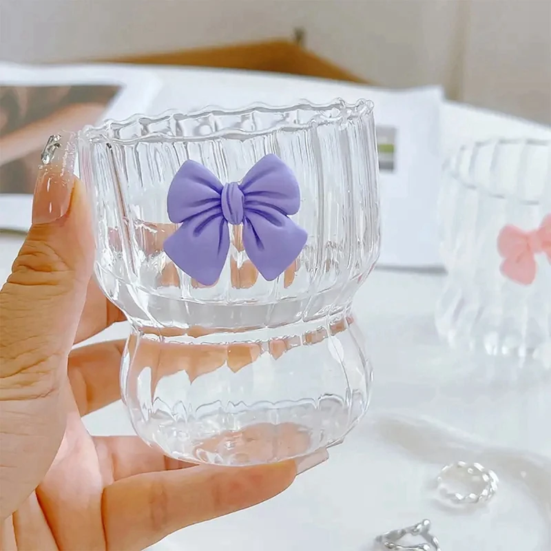 Transparent Glass Cup With Bowknot Ripple Drinkware Vintage Ribbed Glassware For Coffee Cocktail Juice Water Soda Tea