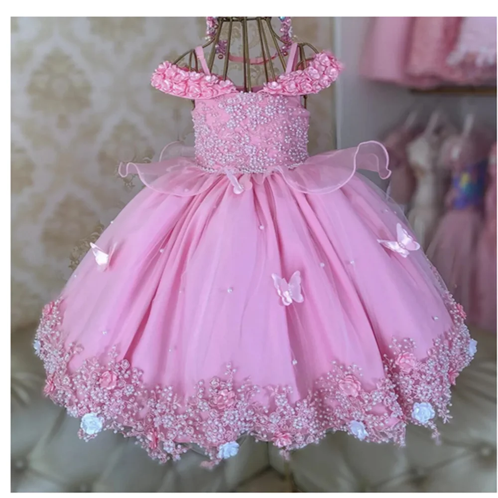 Vestido de tule frisado rosa para floristas, 3D Butterflies Floral, vestido de aniversário infantil, Girl Pageant Gowns