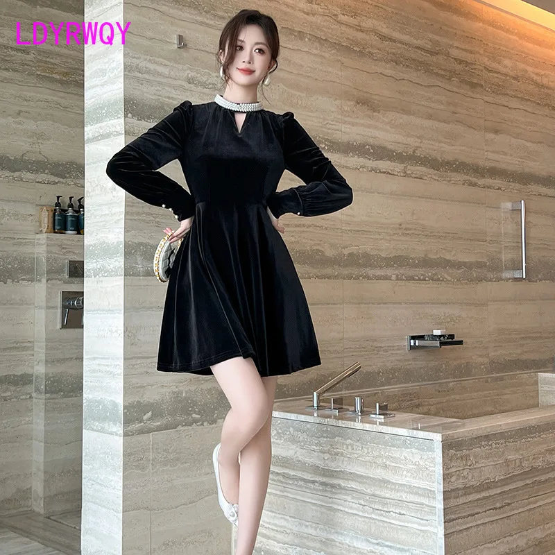 

Бархатное платье с французским жемчужным воротником, женское платье, элегантное социалитовое, маленькое черное платье