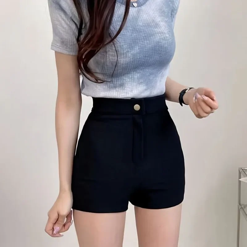 

Summer Shorts Women Chic Simple Skinny Sexy Style Ins Korean All-match Trouser Black Office Ladies Solid Casual High Waist Daily