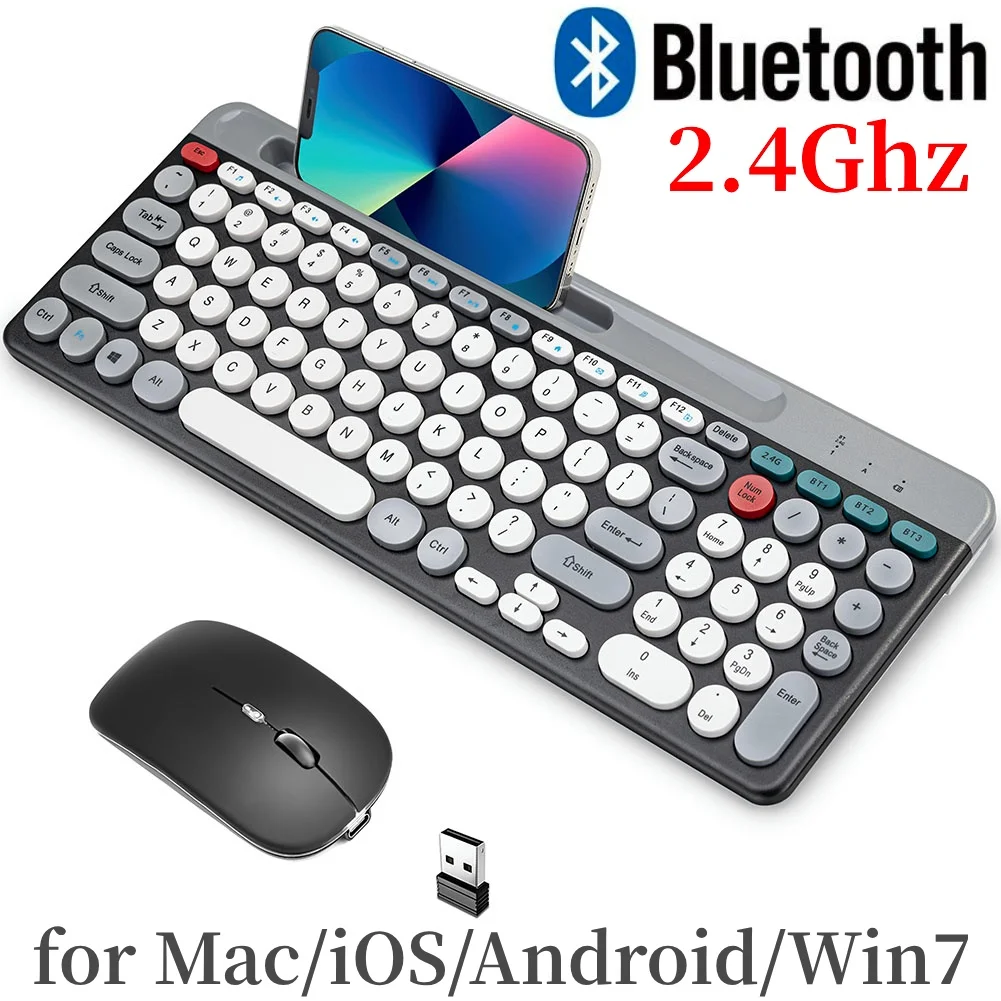 2.4G Bluetooth 2 Mode Keyboard and Mouse Combo with Phone Holder Keyboard and Mouse Keyboard Mouse Set for Mac/iOS/Android/Win7