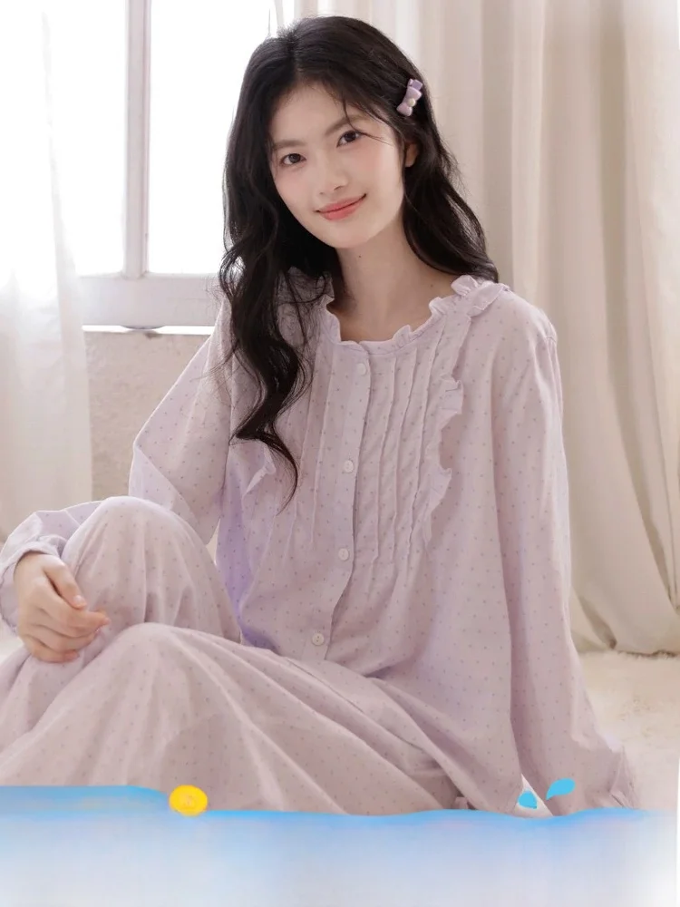 2026-new-pure-cotton-gauze-nightgown-long-sleeve-women's-home-clothes-set-with-wood-grain-ruffle-suitable-for-outdoor-wear