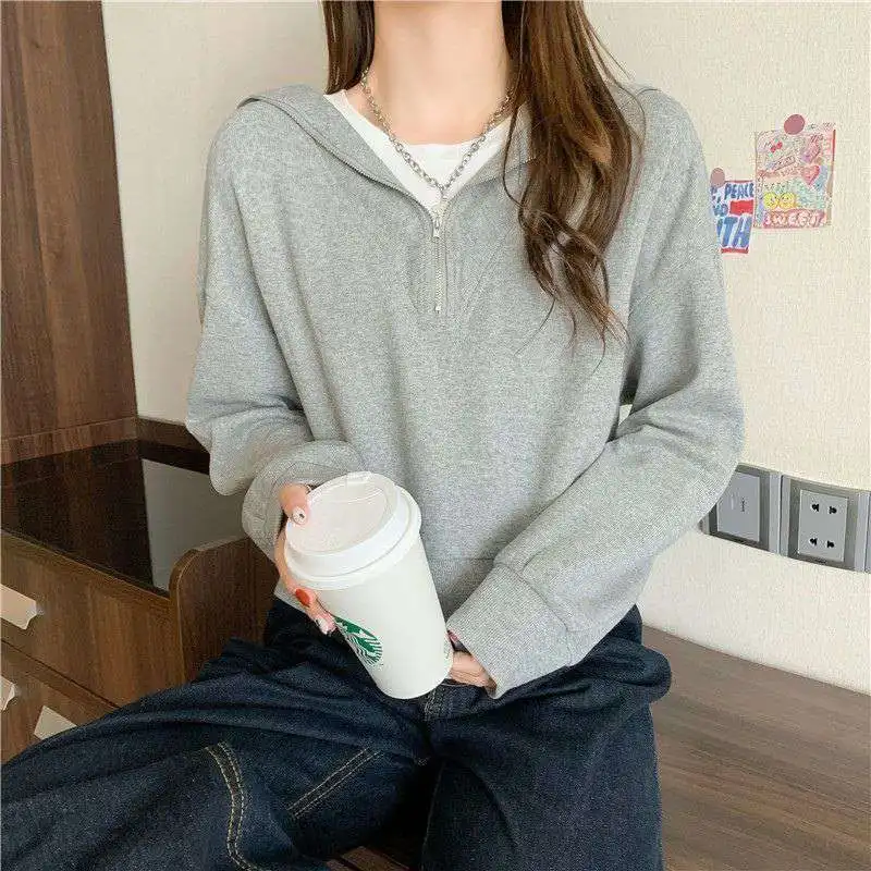 Yasuk  Autumn Winter Casual T-Shirts Pullover Women\'s Blouse Loose Top Fake Two Piece Suit Versatile Sporty Student Girl Zipper