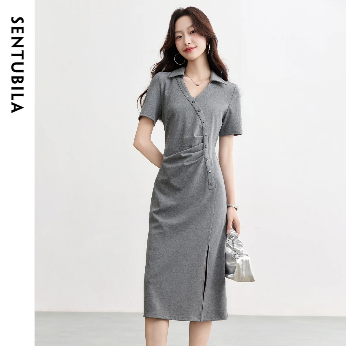 

SENTUBILA Summer Knitted Dress Women Pinch Pleated Dresses 2025 New Collection Polo Neck Oblique Buckle Simple Clothes 152LM2040