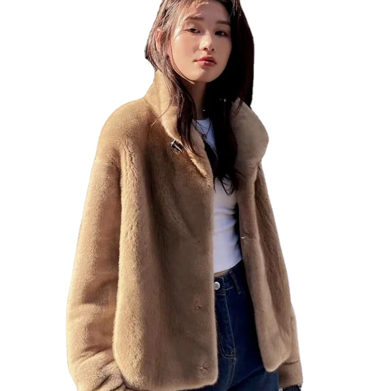 Coat Long Sleeve Turtleneck Women's Light Coffee Color Three Button New Mink Autumn and Winter Thickened Short Fashion Loose 1Pc