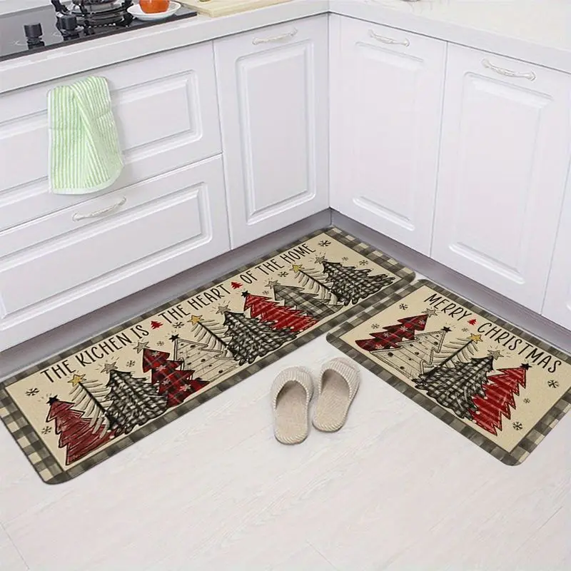 VIKAMA Winter Tree Kitchen Mat Plaid Border Red Black Cooking Heart Home Non Slip Absorbent Washable Christmas Holiday Decor