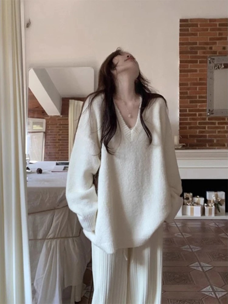 

Fall Winter V Neck Knit Sweaters Women Korean Fashion Soft Cozy Knitwear Pullover Oversized Top Slimming Casual Women's Clothing