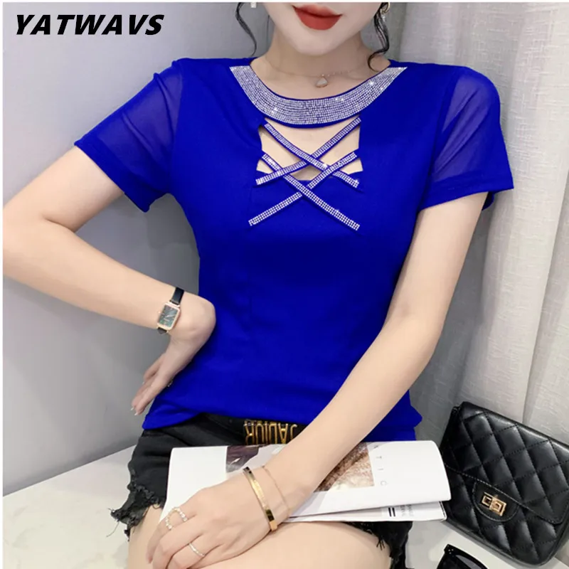 2023 Summer Short Sleeved Women's T-Shirt Fashion Sexy Hollow Out Solid Color Hot Diamonds Mesh Tops New Female Tees Blusas