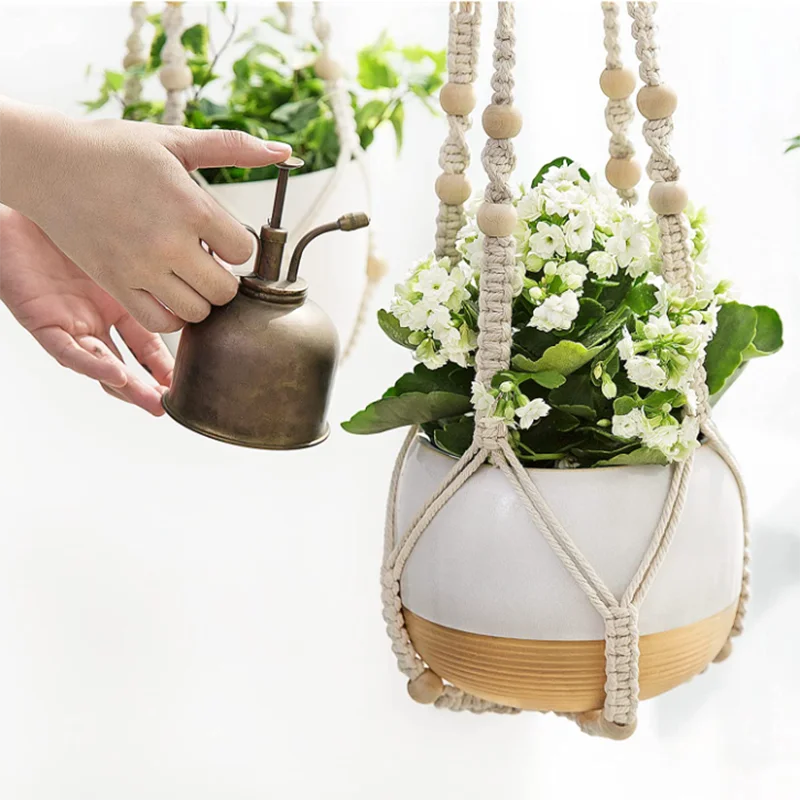 Gardening Plant Hanging Baskets Flower Pot Handmade Macrame Knotted Rope Flower Pot Bohemian Style for Home Balcony Decoration