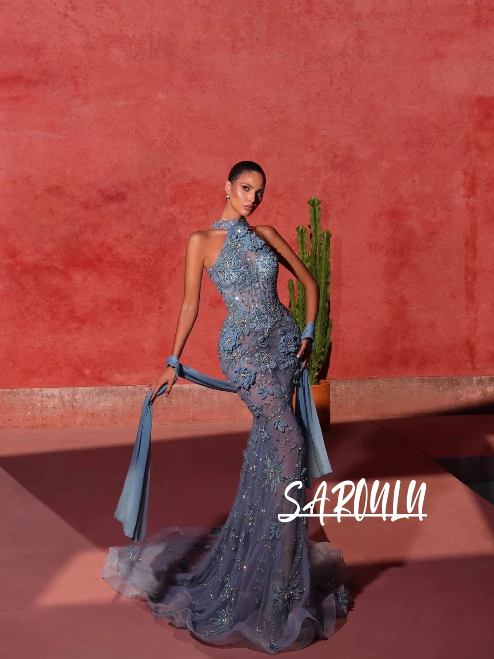 Dusty Blue Backless Chic Evening Dress Sexy Illusion Mermaid Halter Prom Gown Dainty Floral Beaded Customized Cocktail Wear