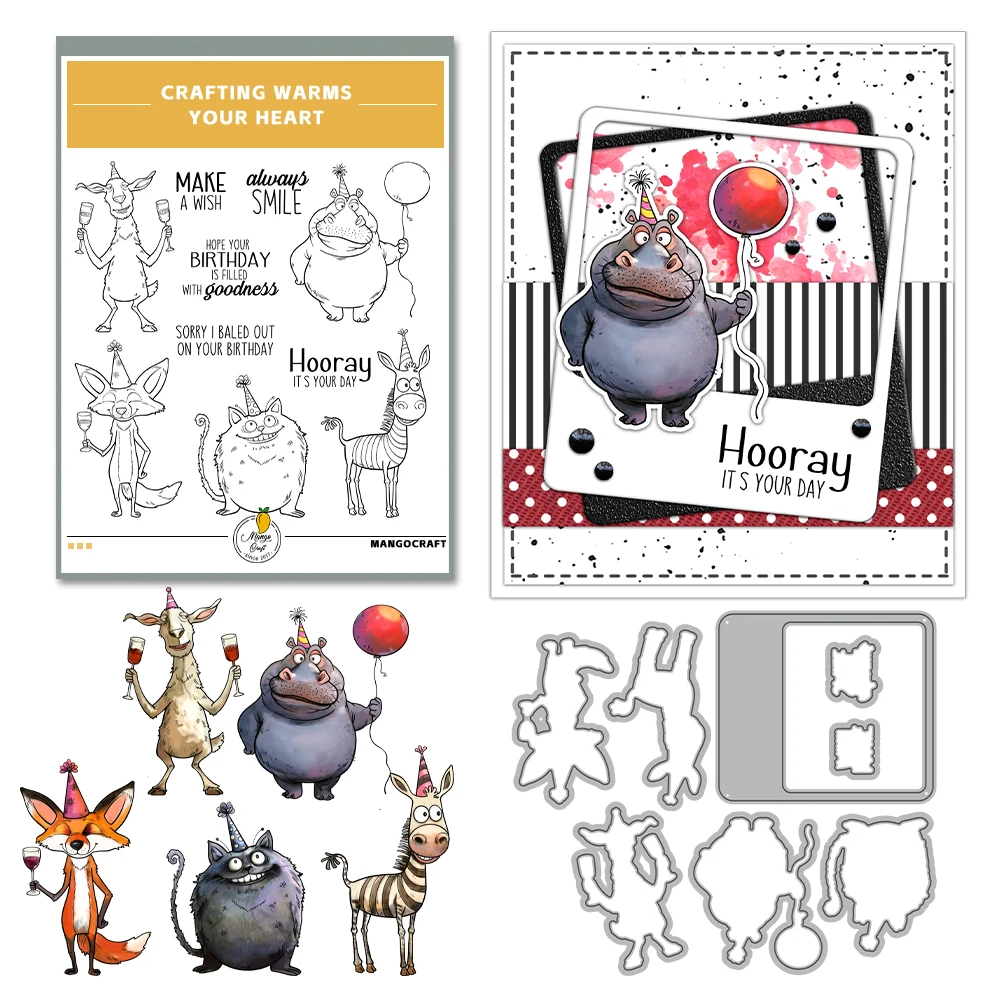 Mangocraft Happy Birthday To Animals Cutting Dies Clear Stamp DIY Scrapbooking Metal Dies Silicone Stamp For Cards Albums Decor