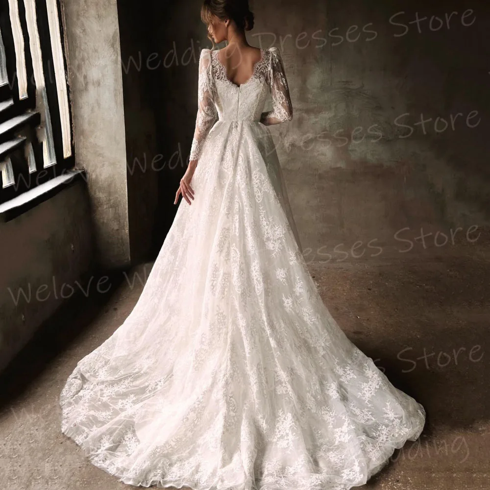 فساتين زفاف نسائية فاخرة على شكل حرف A على شكل قلب وأكمام طويلة مخصصة فساتين العروس مزينة بالدانتيل فيستدوس دي نوفيا بودا #2