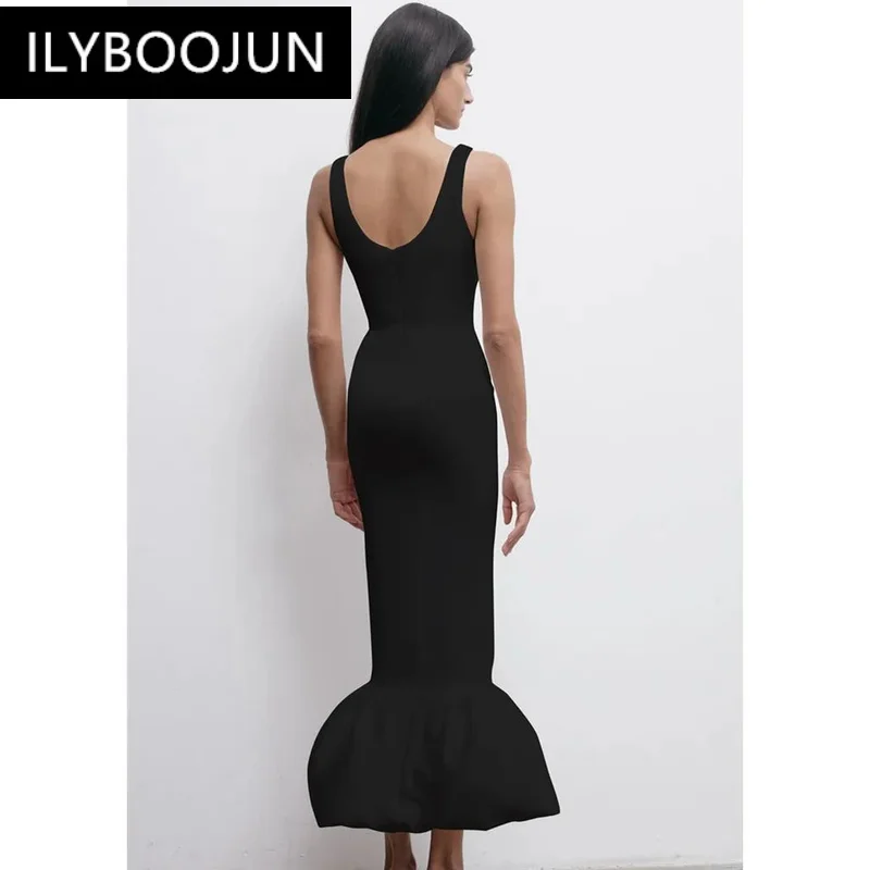 BY Women Celebrity Sexy Tank Pearl Flower Black Midi Mermaid Bodycon Bandage Dress 2024 Elegant Evening Club Party Dress