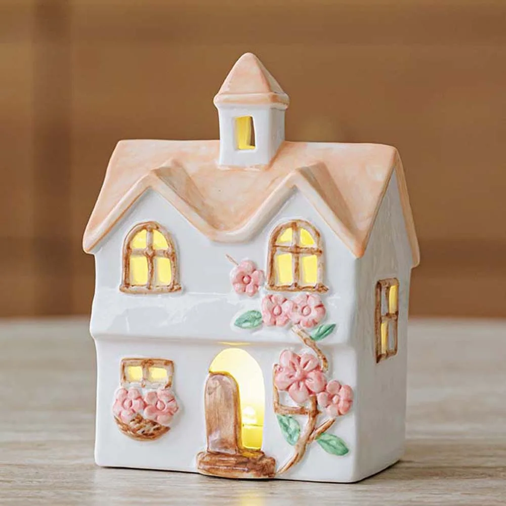 Colorful Ceramic House Nightlight Button Cells Battery-operated Creative Light Up Miniature House Compact Warm-glow