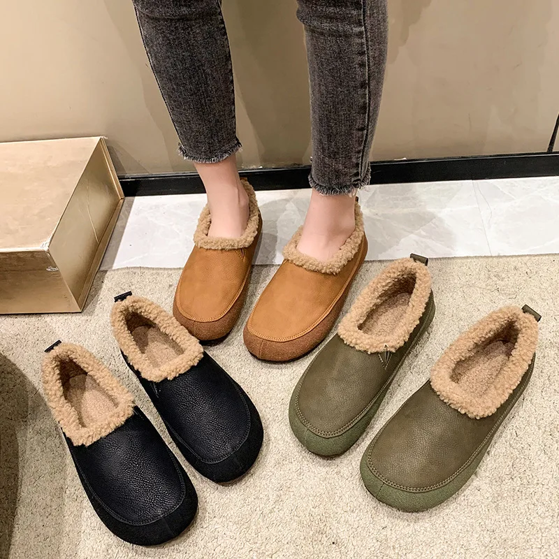 Flats Women Casual Cotton Shoes Winter Short Plush Warm Solid Loafers Shoes 2024 New Walking Snow Boots Femme Slip on Mocasines