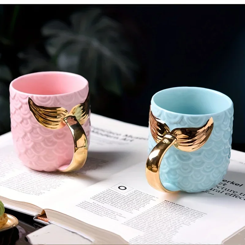 Creative 400ML Golden Mermaid Tail Ceramic Cup with Handle Creative Tea Coffee Milk Personality Mug Fishtail Cup Exquisite Gift
