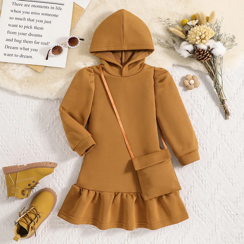 

2023 Winter New Girls Dress Long Sleeve Hooded Ruffles Brown Cute Designer Girls Princess Dress Vestido 0-3T