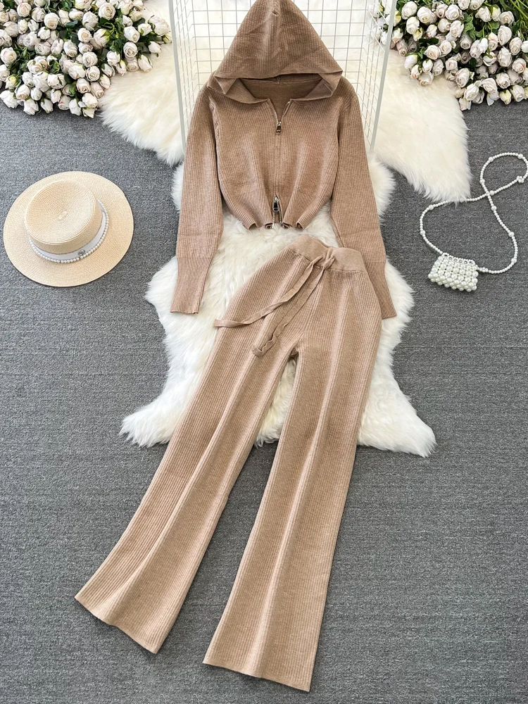 

Faionable Korean Sle Women's Long Sve Zipper Hooded Slim Fit Knitted Sweatirt Jaet Two Piece Set High Waist Wide L...