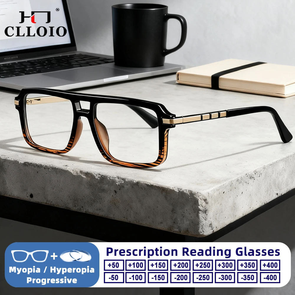 

CLLOIO Trendy Men Pilot Square Frame Anti Blue Light Reading Glasses Myopia Hyperopia Optical Multifocal Prescription Eyeglasses