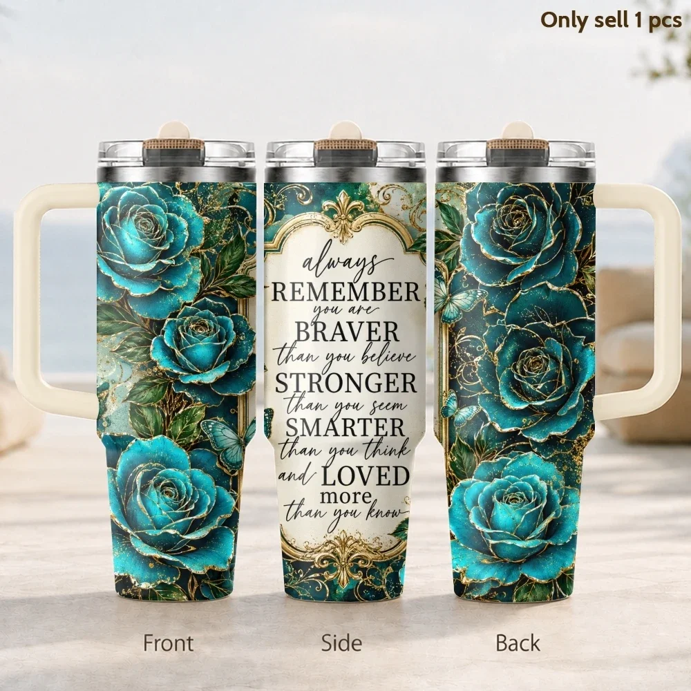 Marble Rose Braver Than You Believe  40oz 3rd Gen Vacuum Insulated Stainless Steel Tumbler Cup with Handle Straw Lid for Gifts