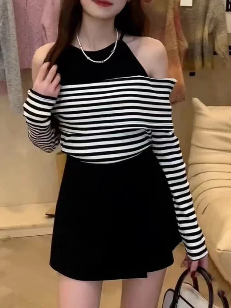 

Поддельная футболка из двух предметов Y2k, эстетические черные топы с лямкой на шее, вязаный тонкий свитер, топы, женские осенне-весенние уличные сексуальные топы в полоску