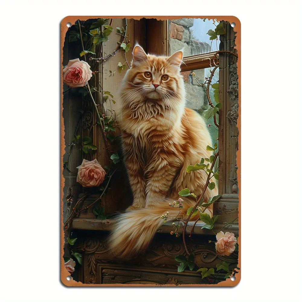 

1PC Vintage Cat and Rose Metal Plaque Durable Iron Wall Art Vintage Home and Garden Decor Measures 8x12 Inches