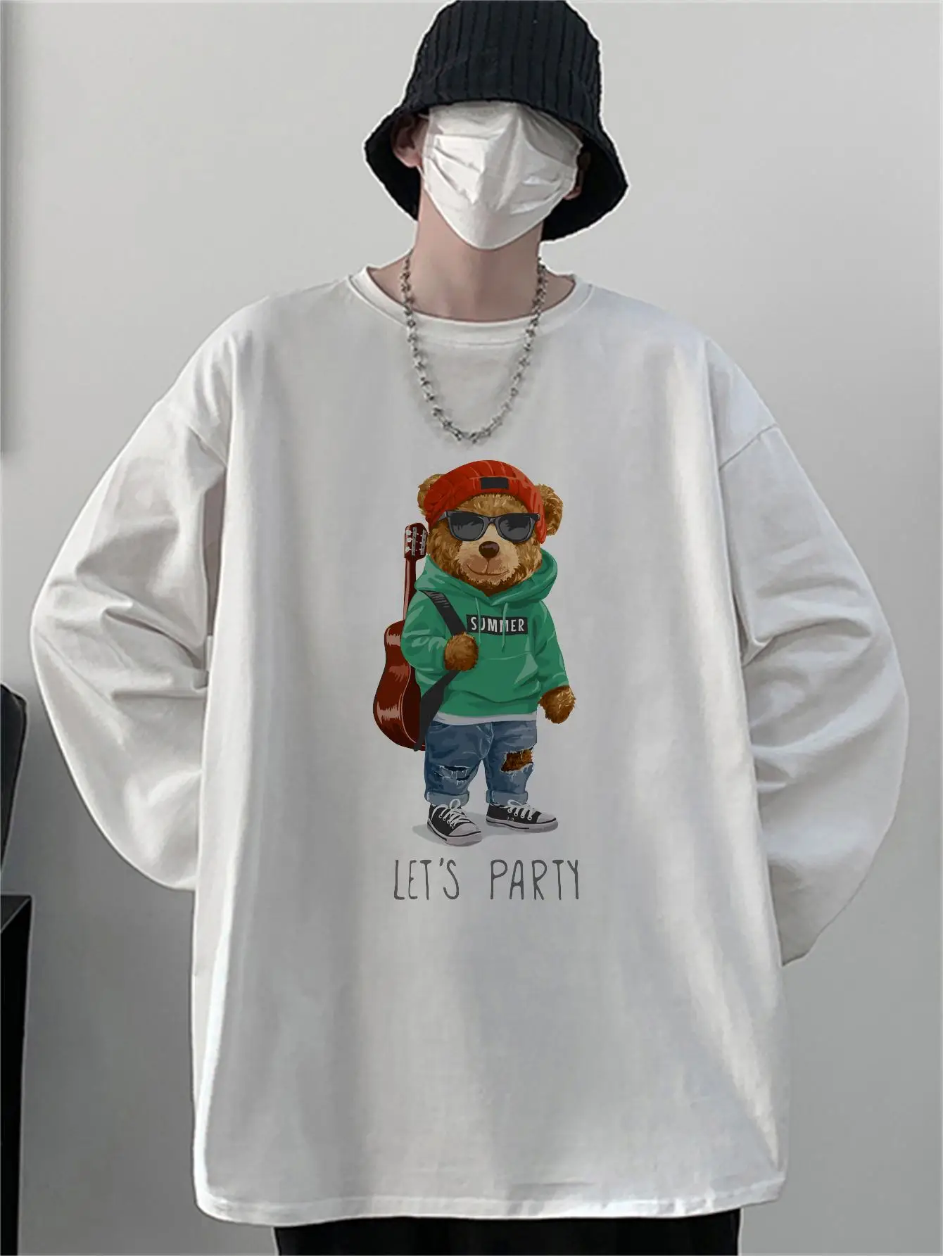 Hip Hop Designer Brand Man Loose T-shirts Autumn Fashion Cotton Tees Korean Style Male Party Bear Graphic Tops Y2k Long Sleeve