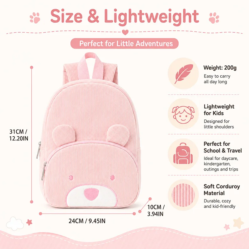 Cute Bear Corduroy Kids Backpack Lightweight Cartoon School Bag for Girls Boys Preschool Daycare Bookbag Baby Travel Bags