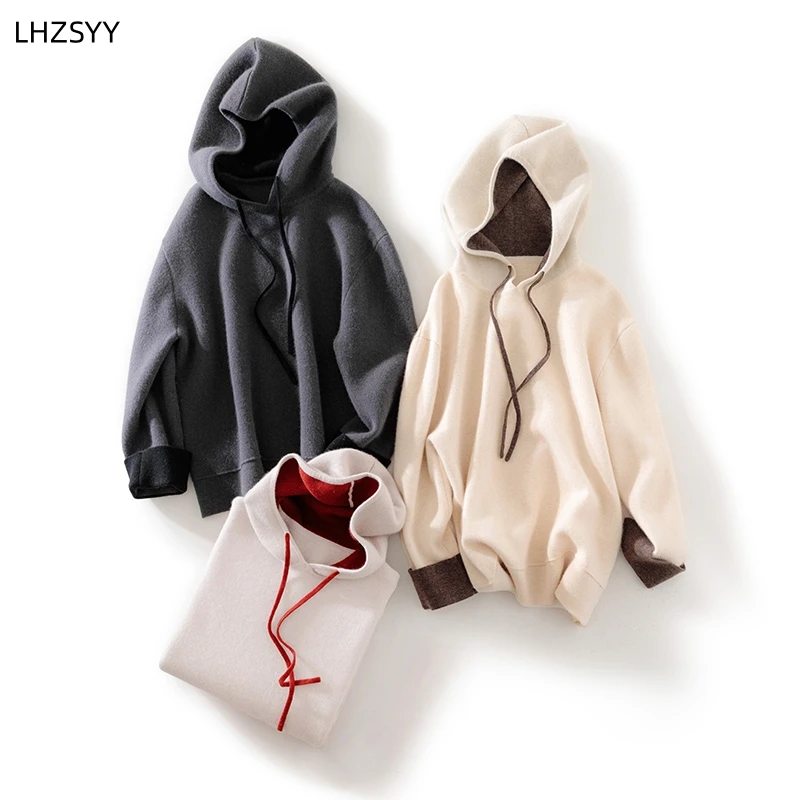 LHZSYY 100% Pure Cashmere Hooded Sweater Winter New Ladies\' Knit Pullover High-end Large size Jacket Color Matching Thick Hoodie