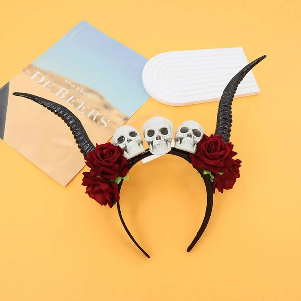 

Halloween Ox Horns Headband Skull Gothic Style Sheep Horn Hairband Flowers Design with Neckband Red Rose Headband