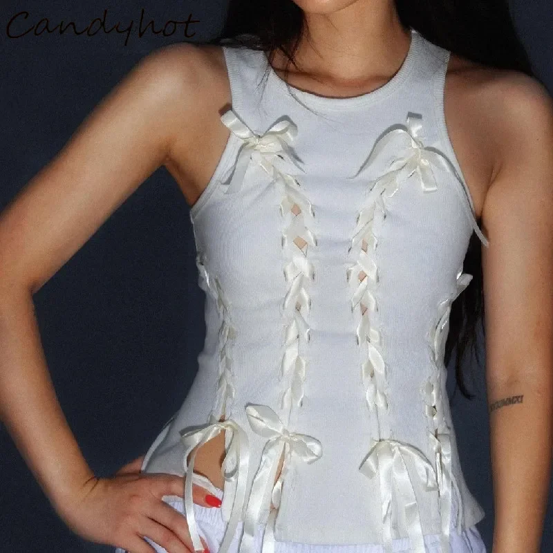 

Candyhot эстетический бант с перекрестной повязкой, укороченные топы, женская футболка в рубчик без рукавов с круглым вырезом Kawaii, модная уличная одежда, милый тонкий жилет