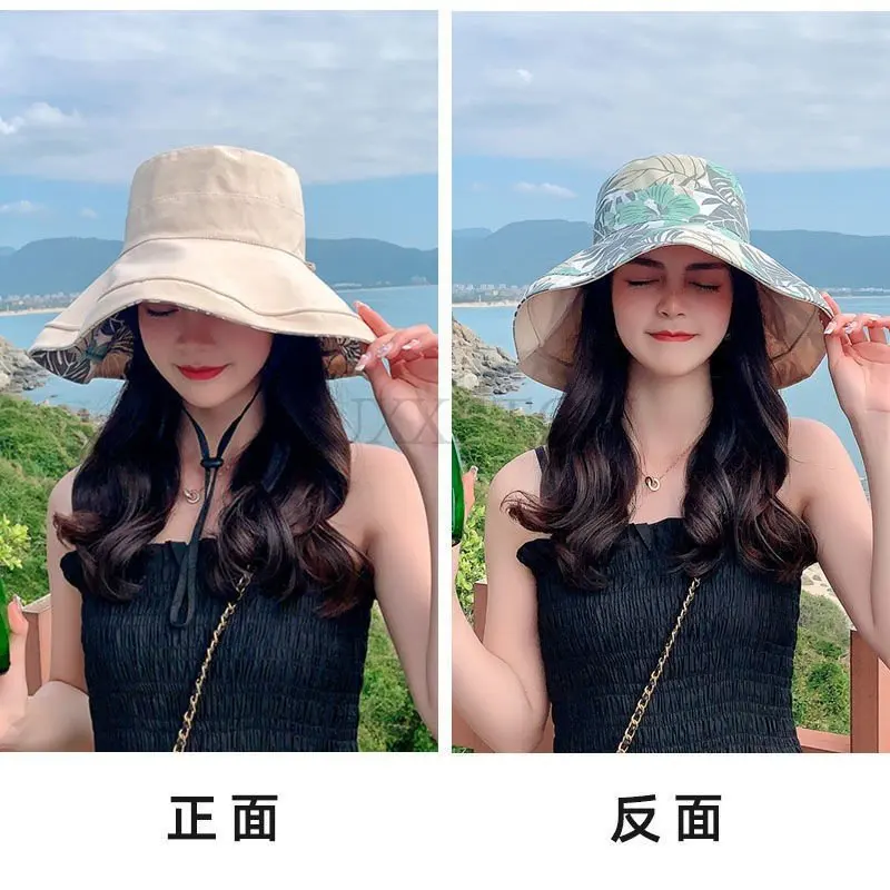 Summer New Cotton Breathable Big Brim Solid Color Fashion Bucket Hat Women Outdoor Travel Adjustable Sun Fisherman Hat