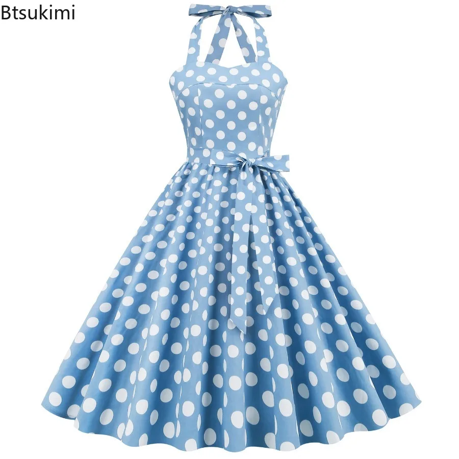 レディースヴィンテージ水玉Aラインロングドレスホルターレースアップバックレスハイウエストパーティードレスノースリーブカクテルフォーマルドレス