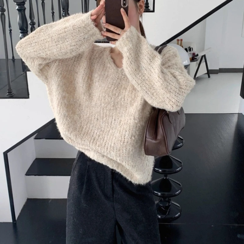 

2026 Woolen Spring Knitted Women Pullover Jumpers Solid Sweaters V Neck Lantern Sleeve Loose Elegant Casual Autumn Winter