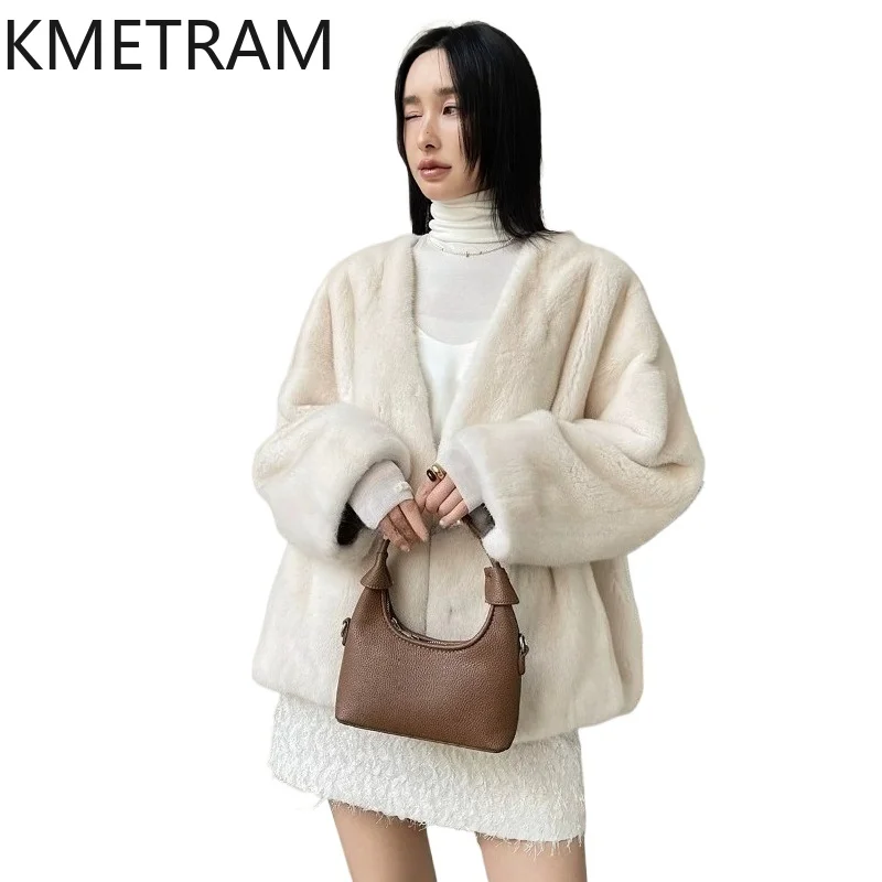 KMETRAM Natural Whole Mink Fur Coat Woman V-Neck Velvet Mink Fur Jacket Premium Warm Winter Jackets Women Clothing 2026 casaco