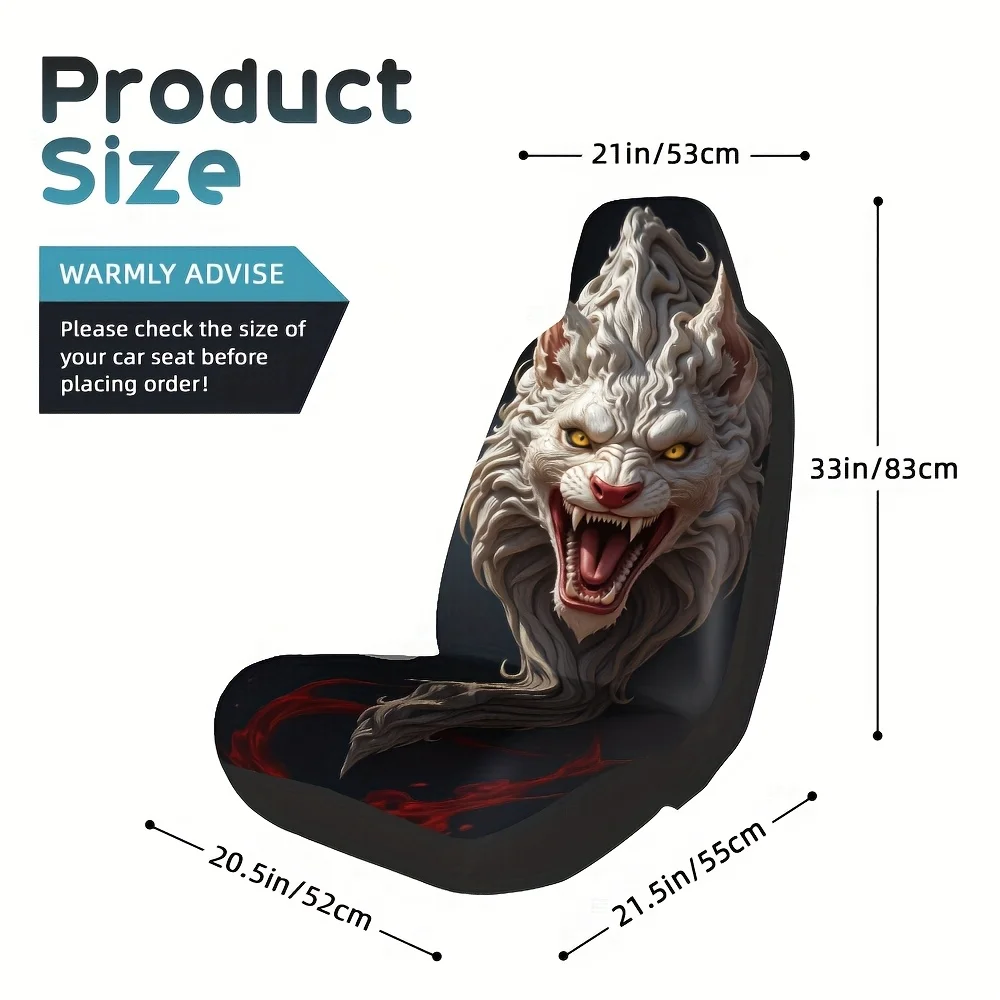 2pcs Wolf Car Seat Covers - Realistic Wolf Design With Red Eyes & Fur, Fit For Single Front Seats, Durable Polyester, Machine Wa
