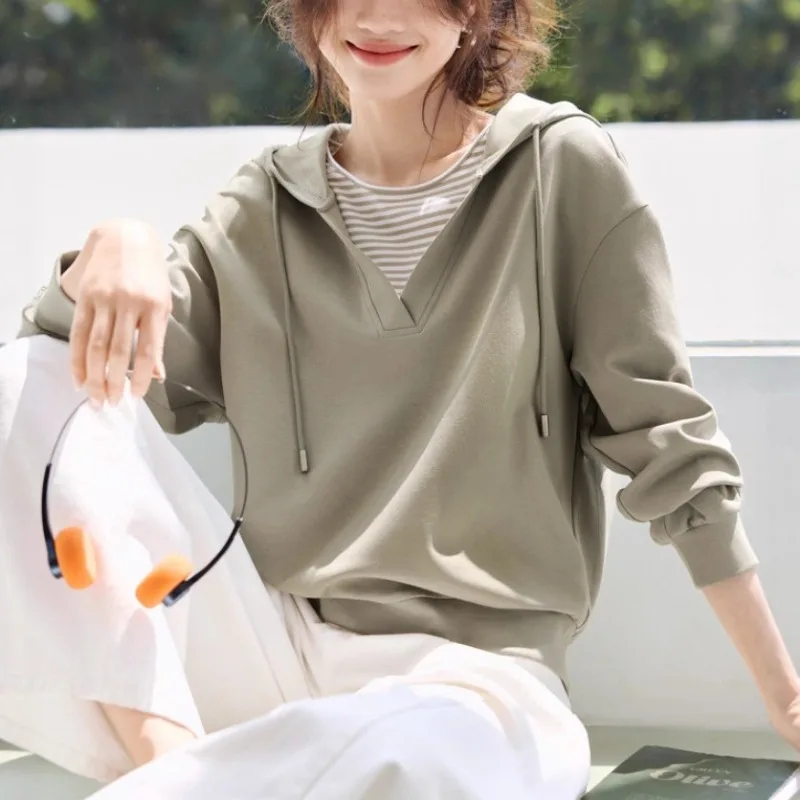Women Ins Style Hooded Sweatshirt Fake Two Piece Stripe Spliced Casual Commuter Top For Autumn
