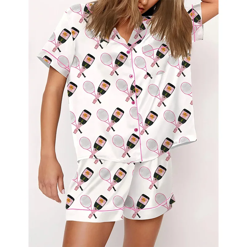 Ling-Pijama de cetim de seda manga curta para mulheres, pijamas de pijamas, pijamas casuais, roupas domésticas, verão, conjuntos 2 pcs