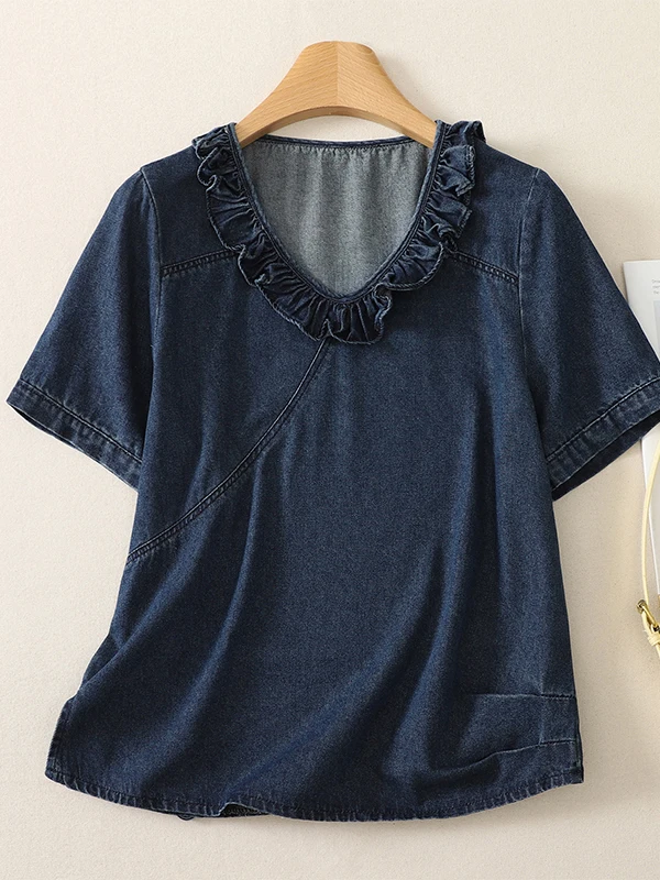 Retro Ruffle Hem V-Neck Tie Short Sleeve Denim T-Shirt Women Summer New Style Youthful Decorative Stitch Casual Top