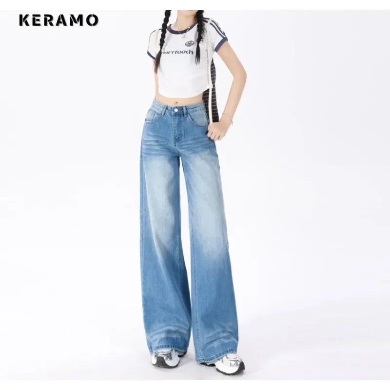 Celana panjang Denim Vintage wanita, celana Jin Emo pinggang tinggi seksi Amerika kasual 2000s celana Baggy Y2K kaki lebar Grunge jalanan