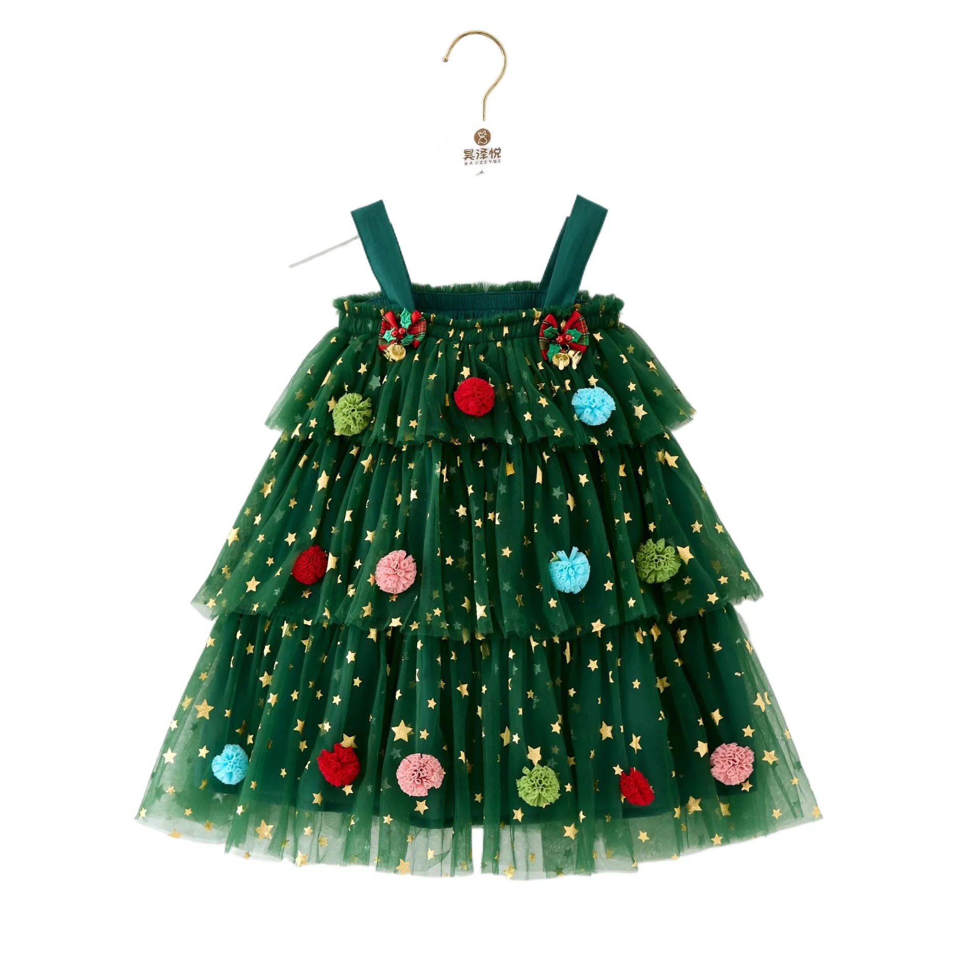 Sleeveless Children Christmas Dress Star Moon Mesh Layered Baby Girls Dress Balls with Bow Hair Clip Party Clothes