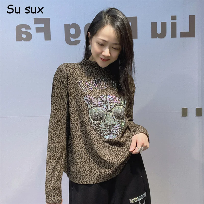 

Пуловер с леопардовым узором и воротником-стойкой, футболки, женская осенне-зимняя верхняя одежда, повседневные топы с длинными рукавами, одежда Y2k, высокая эластичность