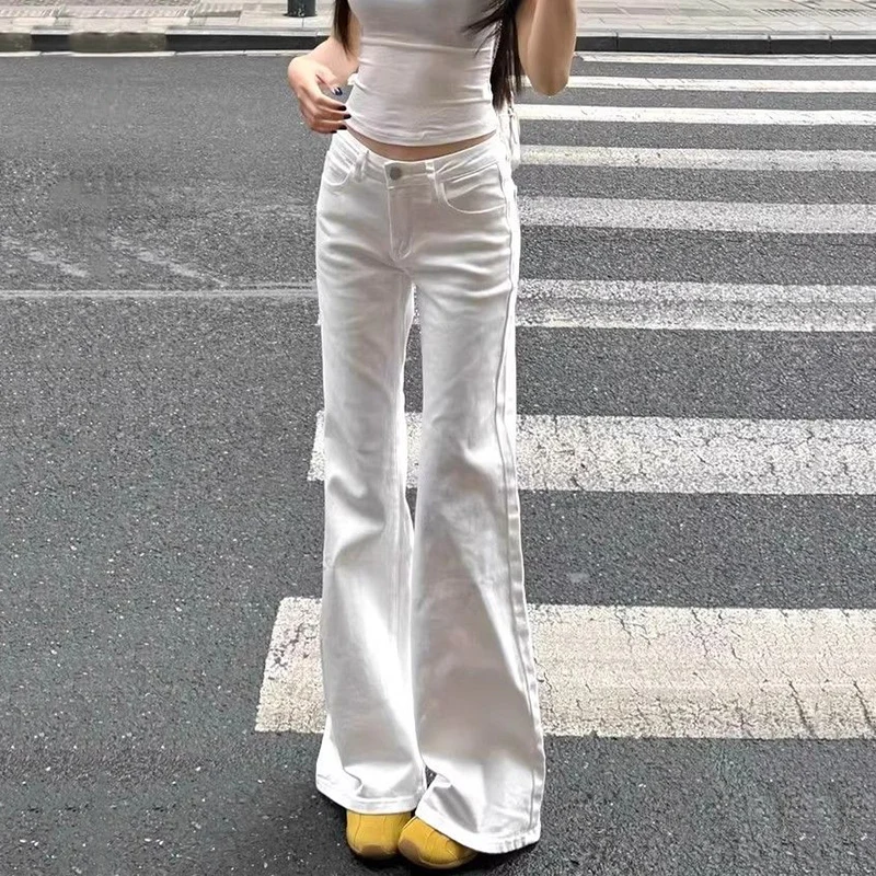 Korean Fashion High Waist White Jeans for Women Streetwear Slimming Micro Flared Denim Pants Woman Vintage Loose Trousers Female