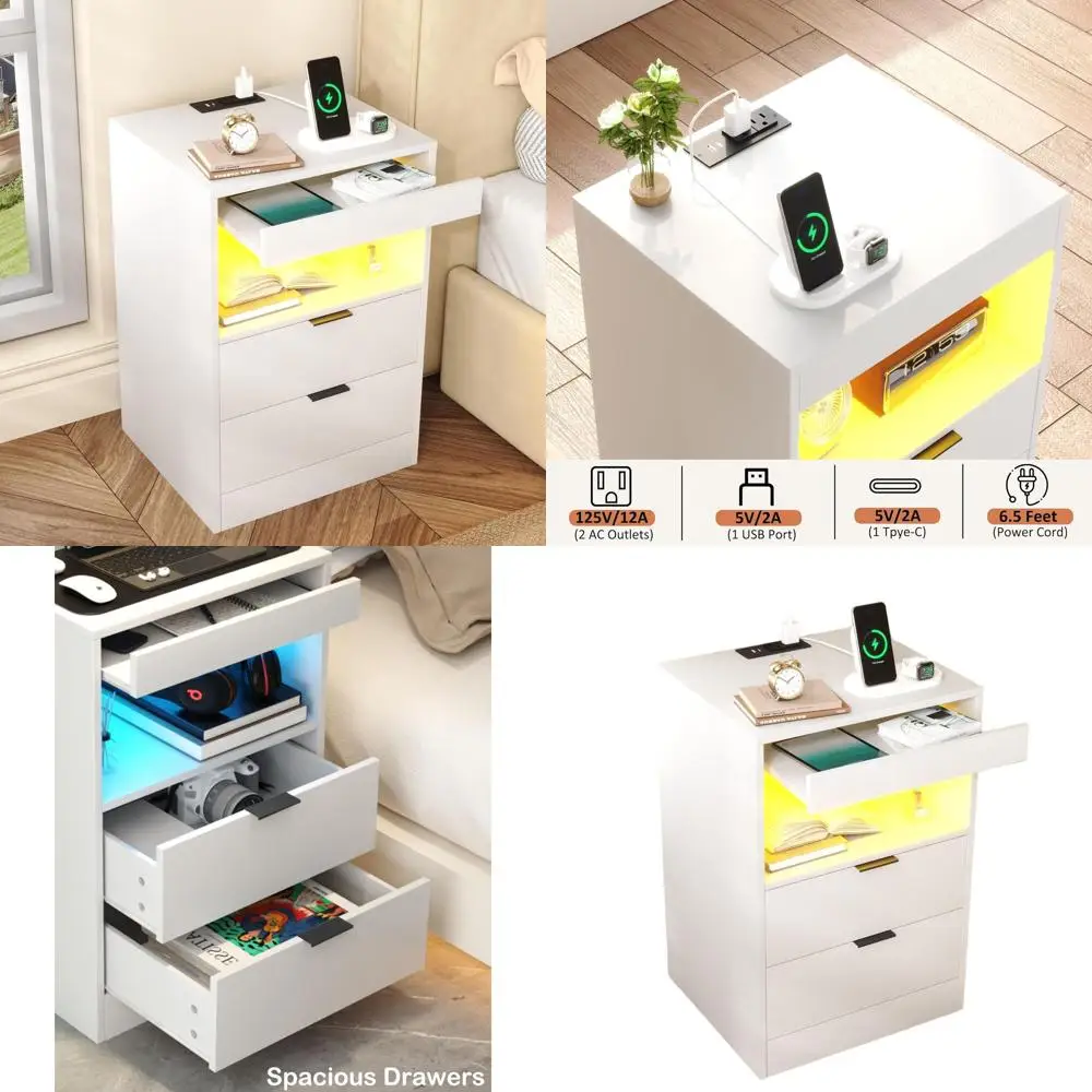 

LED Nightstand with Charging Station, Bedside Table with 3 Drawers and LED Lights, End Table Sofa Couch Side Table with Pull-Out