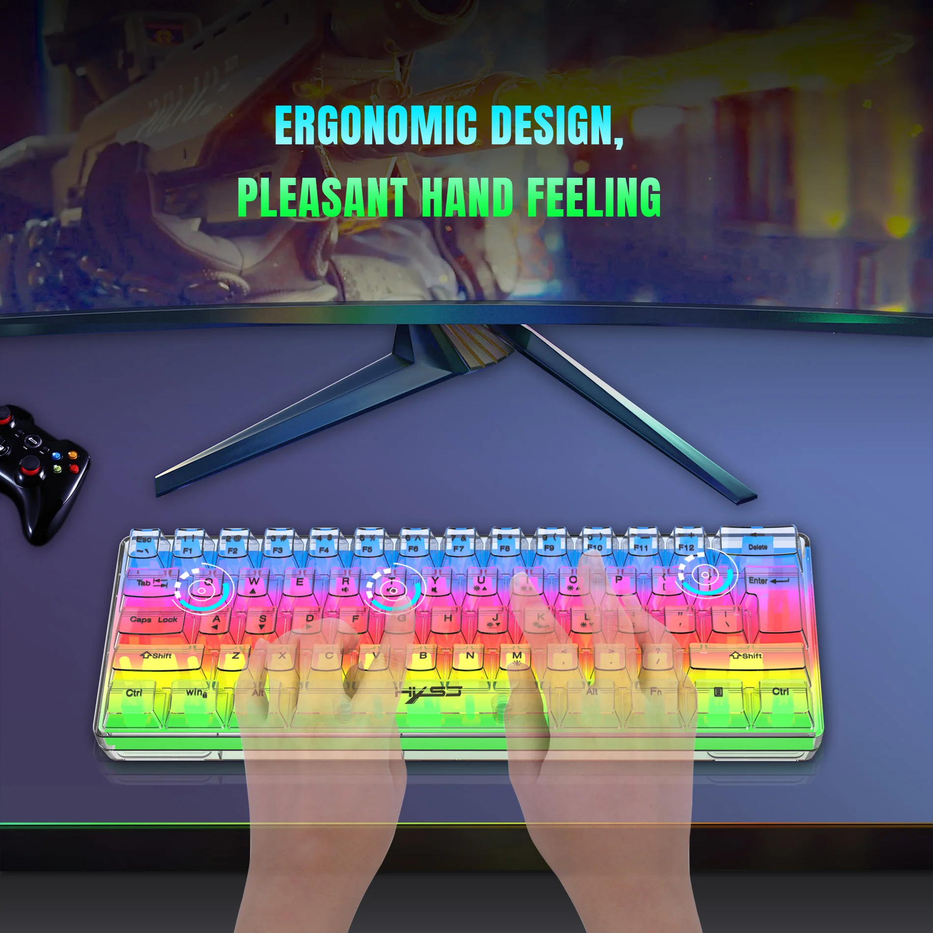 Imagem -05 - Teclado para Jogos Transparente com Fios Hxsj Retroiluminado Rgb Ultracompacto Impermeável Pequeno Compacto 61 Teclas pc Mac