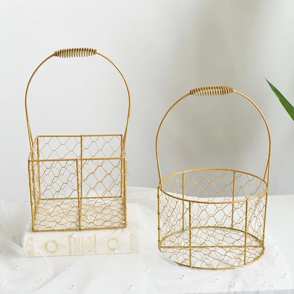 

Golden Round Wire Basket Iron Storage Organizer for Home Office Decorative Metal Container Desk Tidy Space Saving Holder