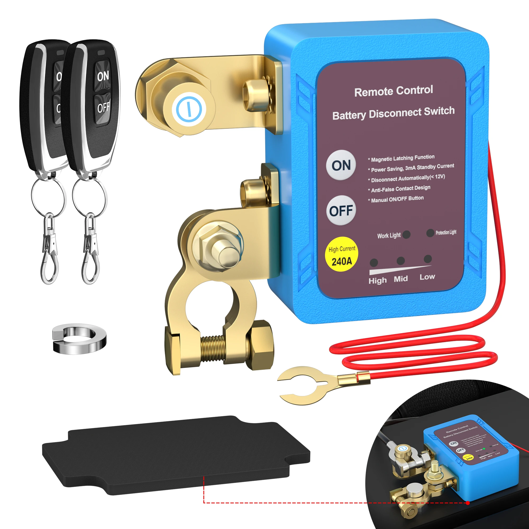 

240A Умный изолятор батареи Функция включения-выключения 12 В Беспроводной пульт дистанционного управления Выключатель отключения батареи с 2 дистанционными клавишами