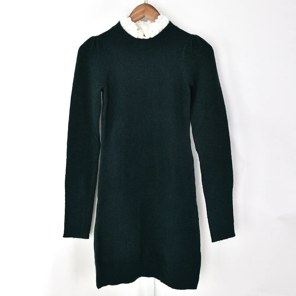 

Women Knitted Dress Color Contrast Ruffled Collar Long Sleeve Slim Mini Robe