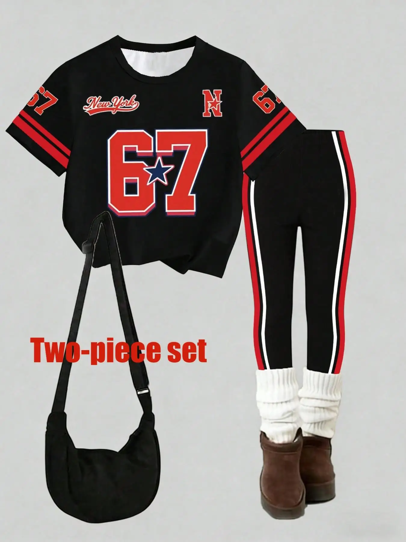 Sommer- und Herbst-Freizeitoutfit für Mädchen, rotes Sport-Set für Kinder mit 67-Buchstaben-Musterdruck, normales Kurzarm-Oberteil + lange Leggings, zweiteiliges Set, geeignet für Mädchen im Alter von 4-12 Jahren – Detail 2